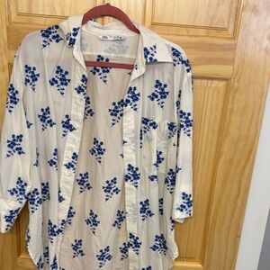 Zara Cream and Blue Floral Shirt